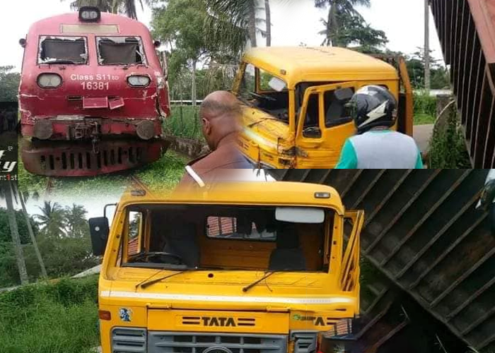 කන්ටේනර් රථයක් දුම්රියේ ගැටෙයි